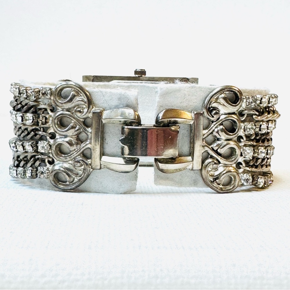 Vintage Forem Mother Of Pearl Women's Silver Crystals Chain Bracelet Watch - Picture 6 of 12